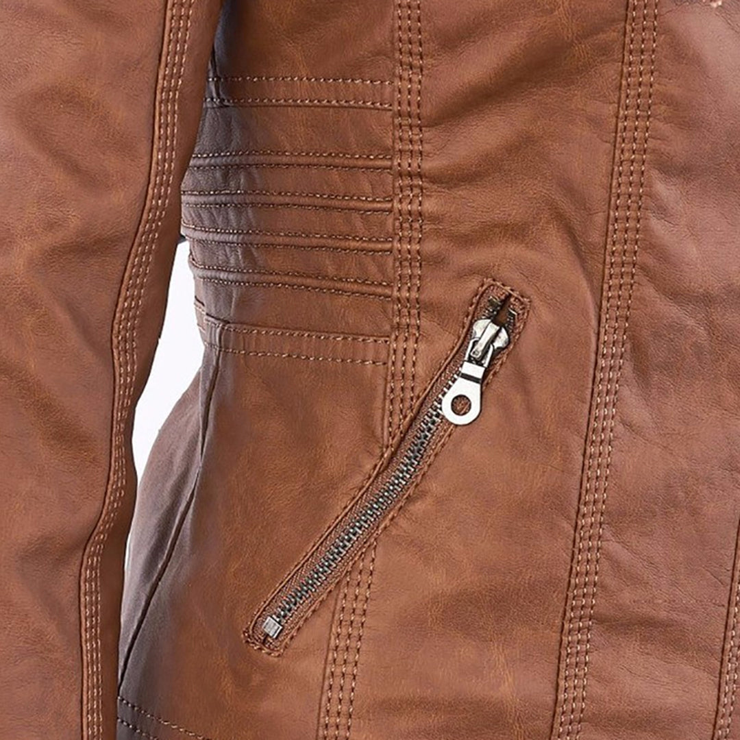 Faux Leather Jacket with Removable Hood and Water-Resistant Coating