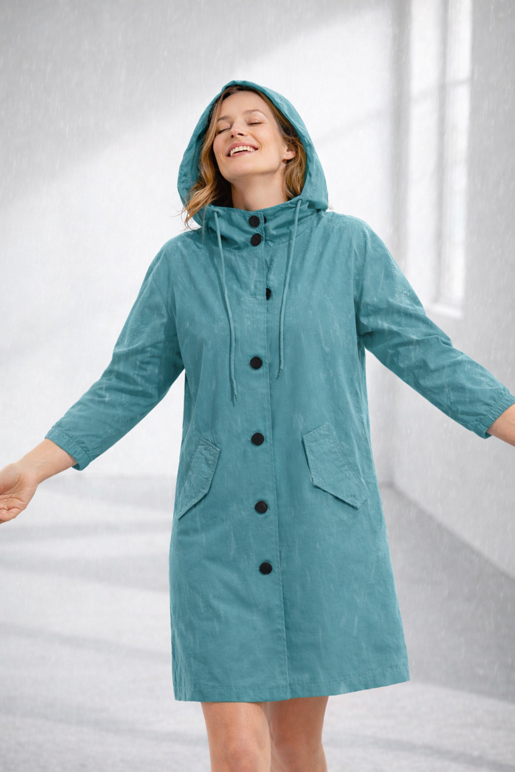Mid-Length Hooded Jacket with Button Front and Shortened Sleeves