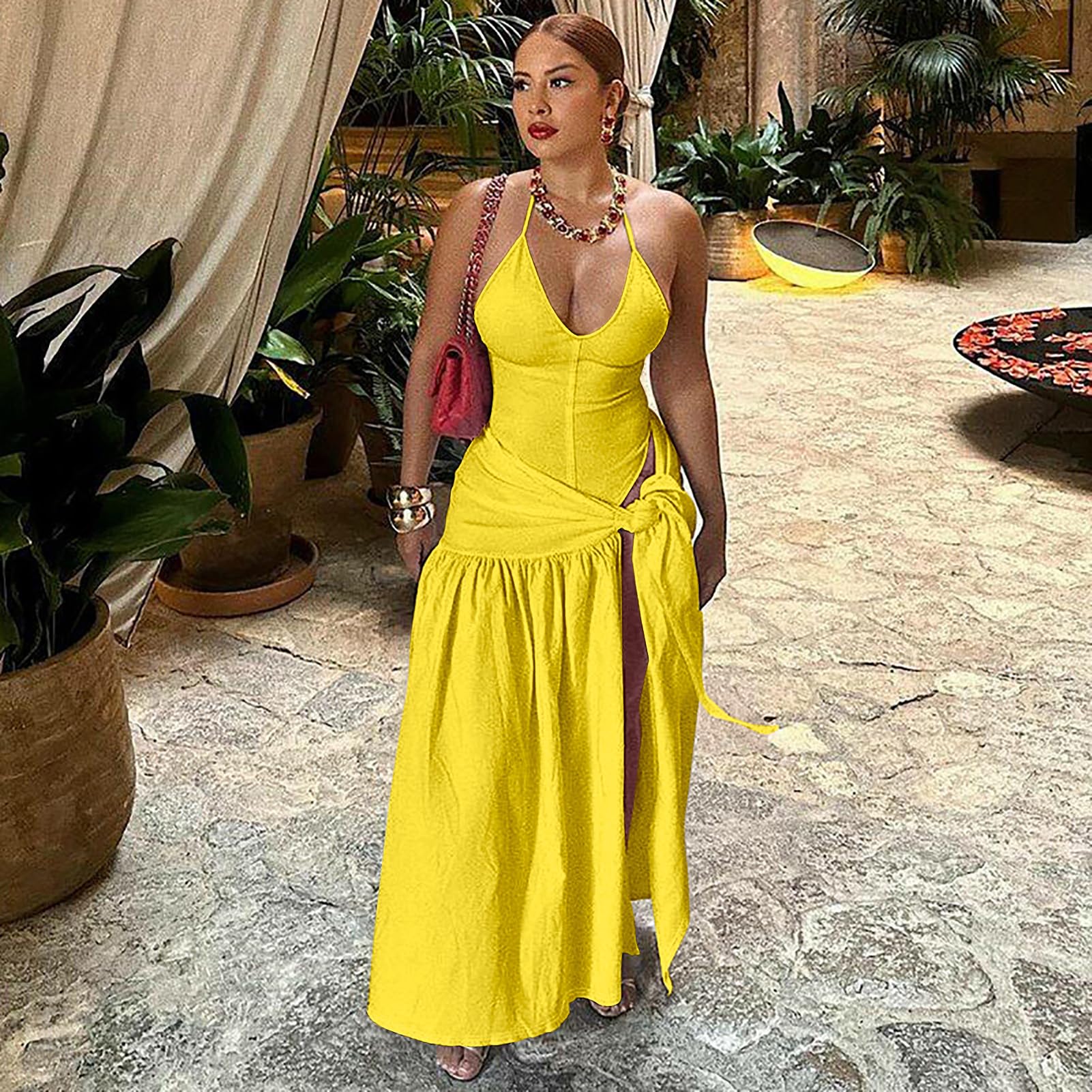 Backless Halter Bodysuit High Slit Tie Waist Maxi Skirt Set