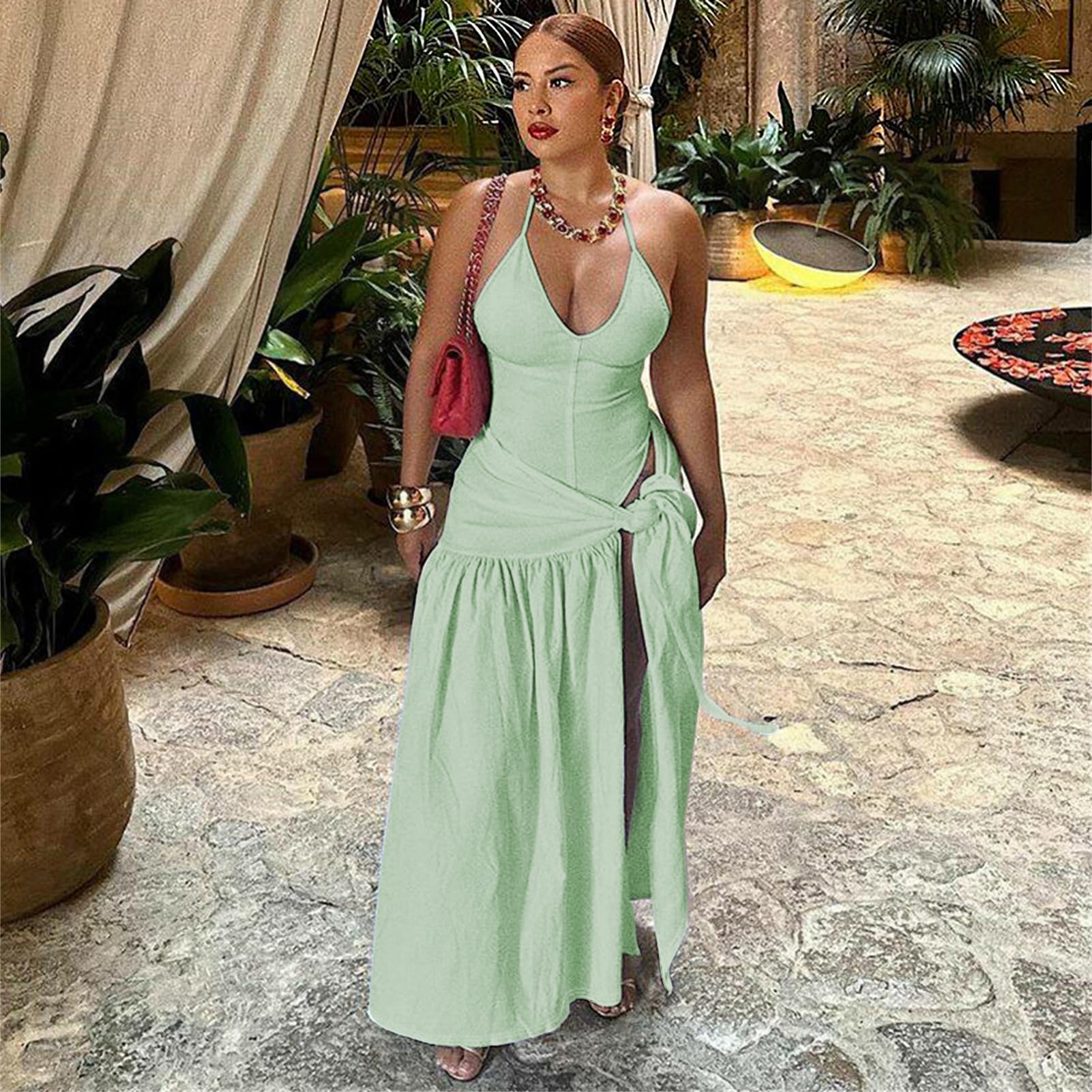 Backless Halter Bodysuit High Slit Tie Waist Maxi Skirt Set