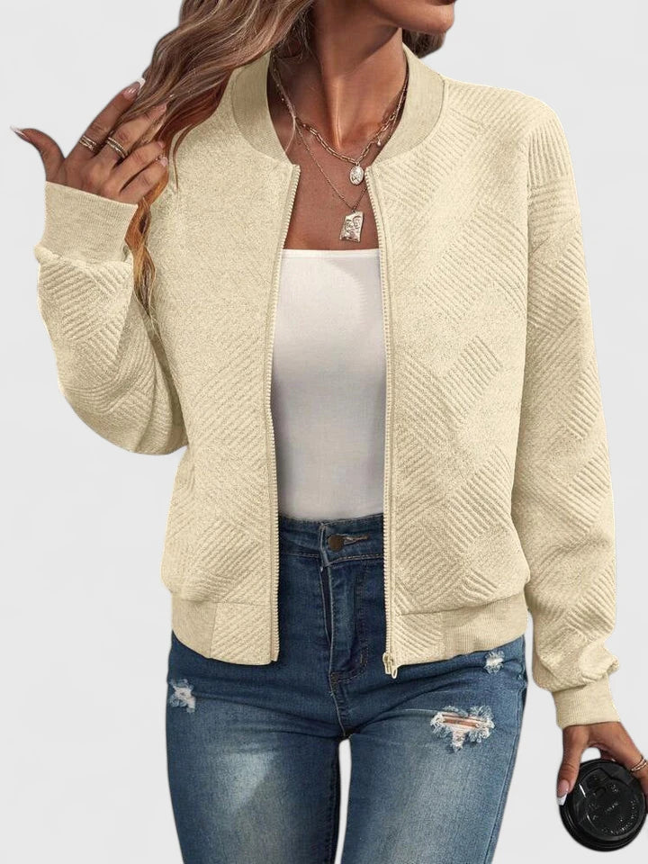 Textured Geometric Bomber Jacket with Ribbed Collar