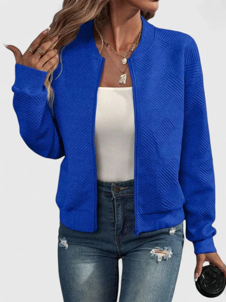 Textured Geometric Bomber Jacket with Ribbed Collar