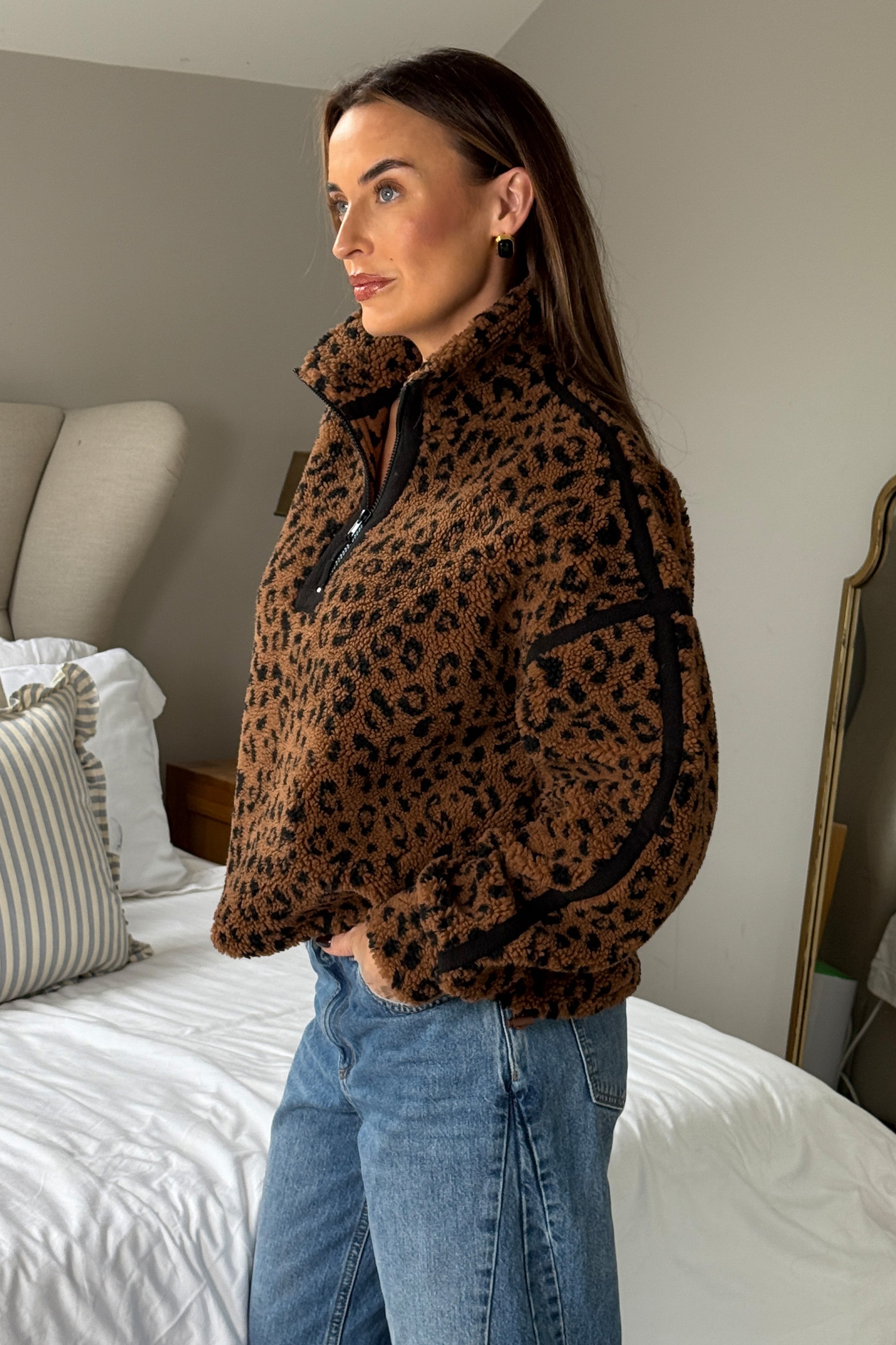 Lulu Contrast Binding 1/4 Zip Fleece Brown Animal