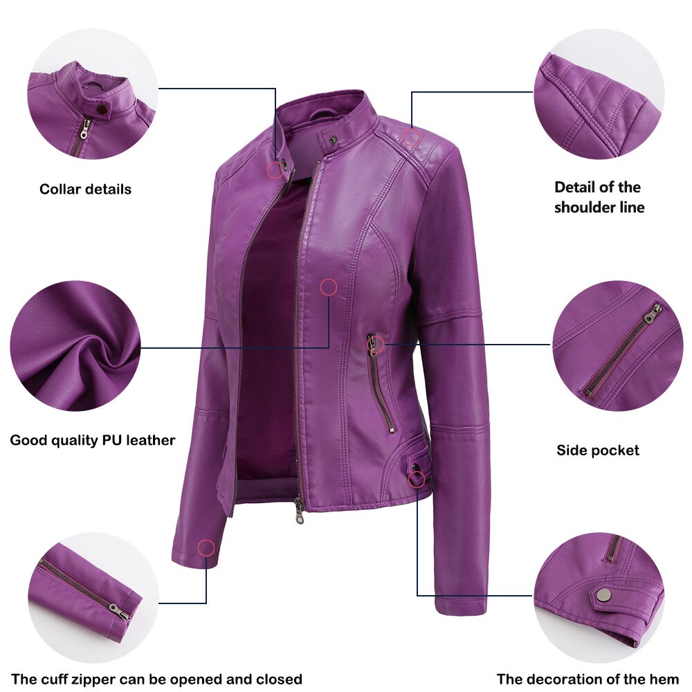 PU Leather Biker Jacket with Stand Collar