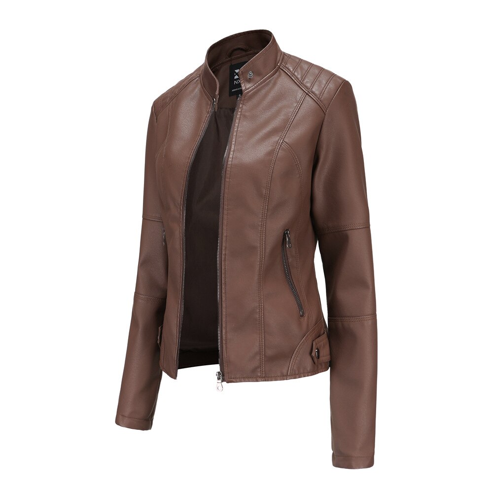 PU Leather Biker Jacket with Stand Collar