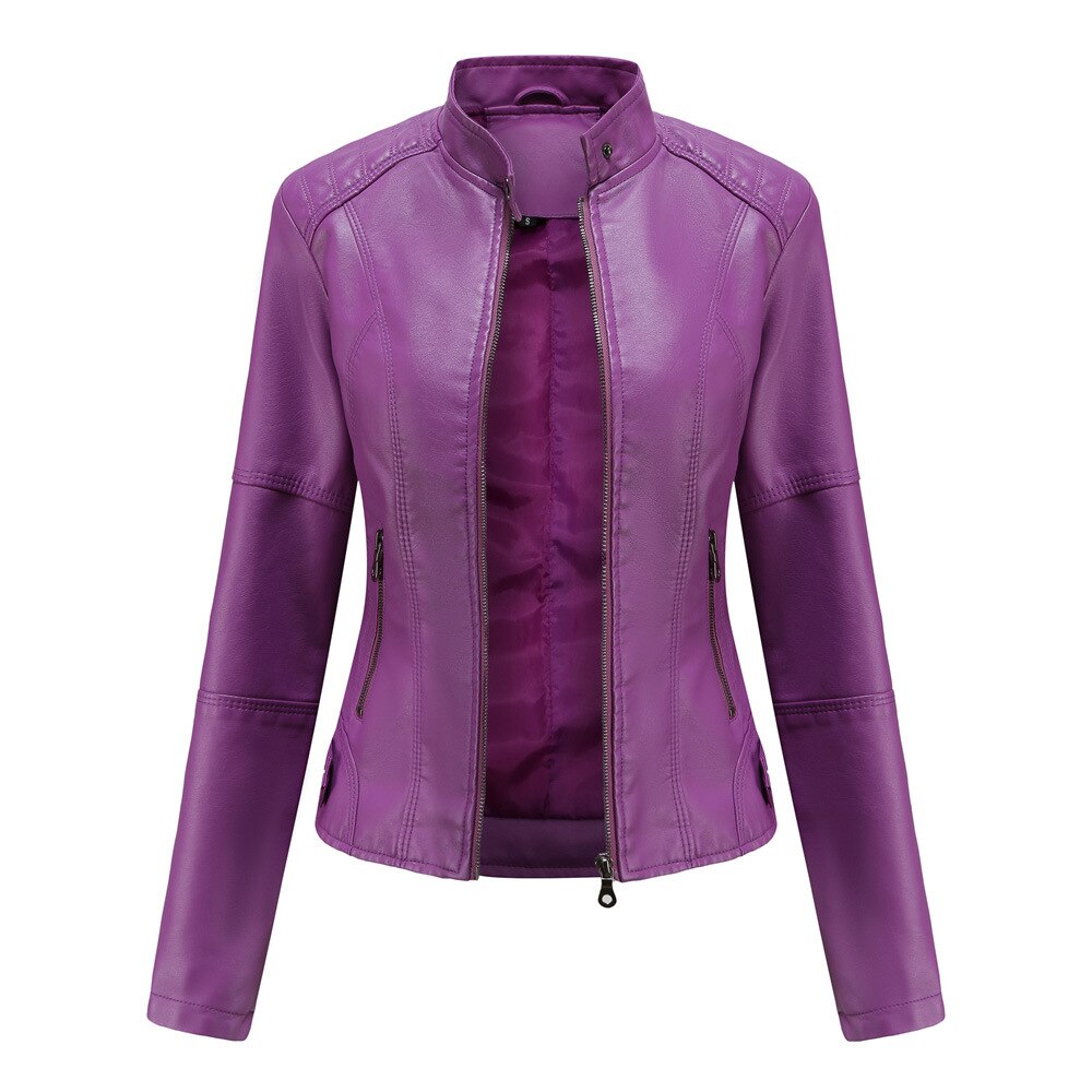PU Leather Biker Jacket with Stand Collar