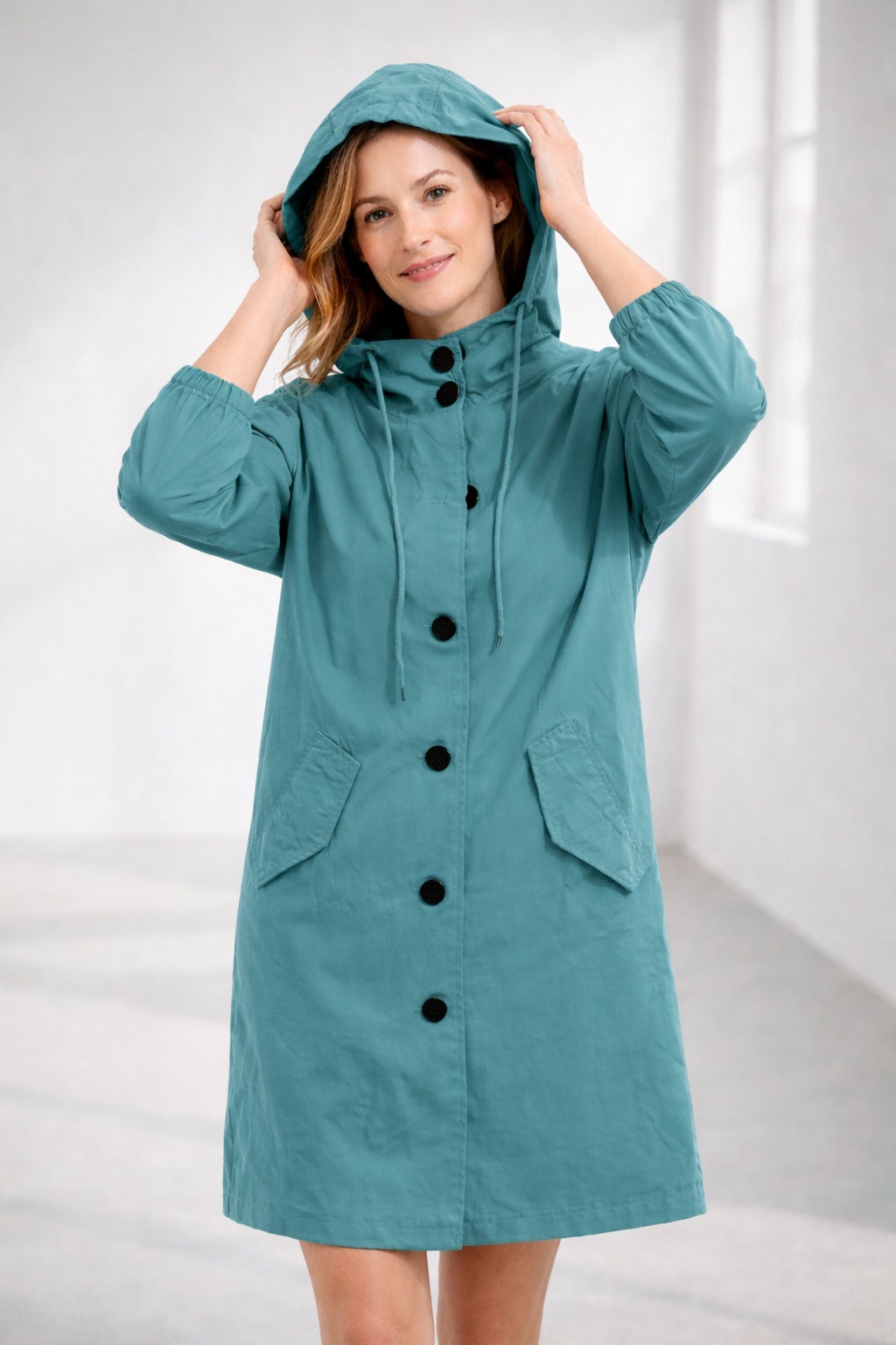 Mid-Length Hooded Jacket with Button Front and Shortened Sleeves