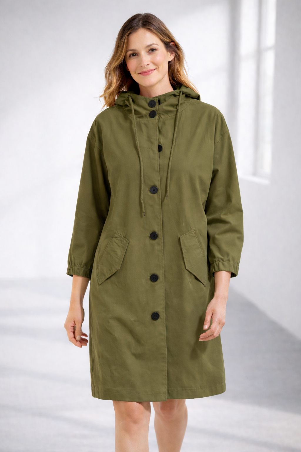 Mid-Length Hooded Jacket with Button Front and Shortened Sleeves