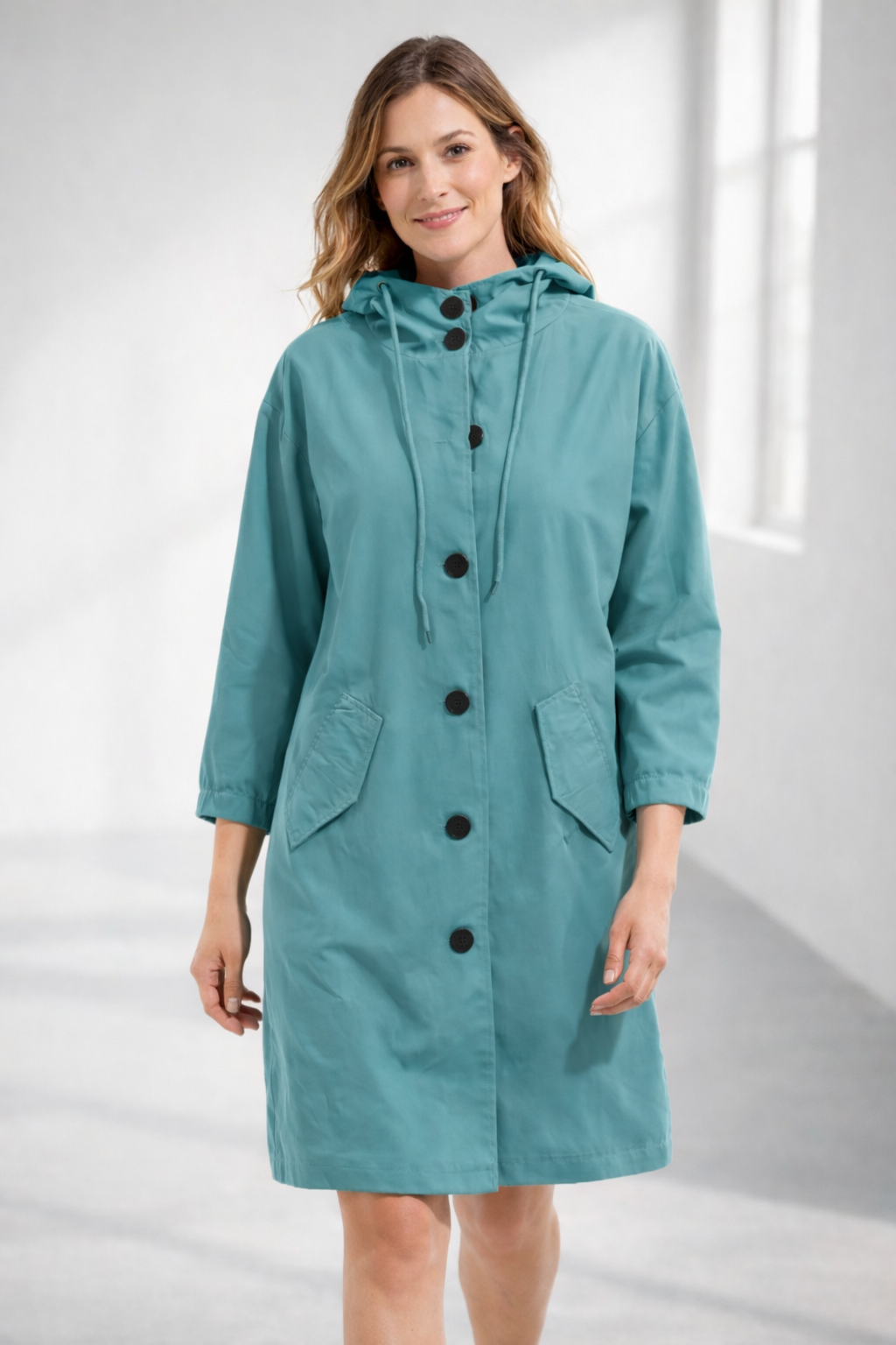 Mid-Length Hooded Jacket with Button Front and Shortened Sleeves