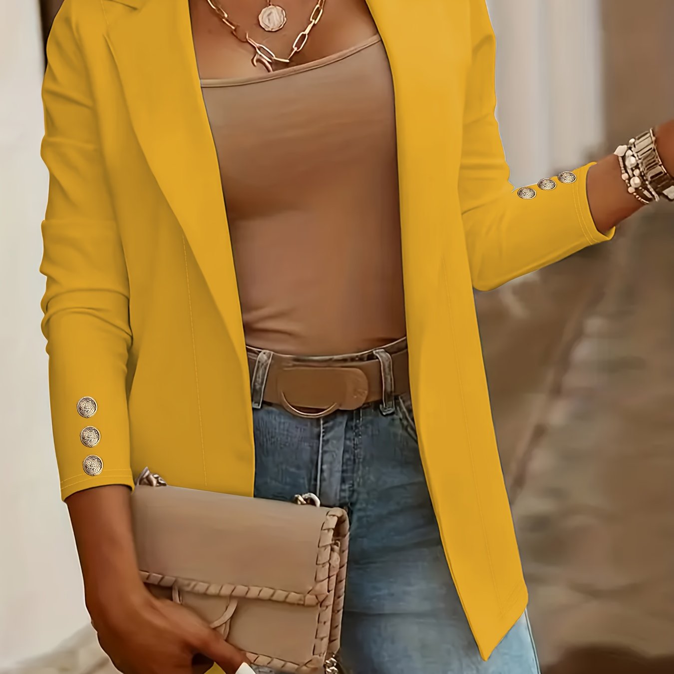 Mid-Length Lapel Coat with Decorative Button Cuffs