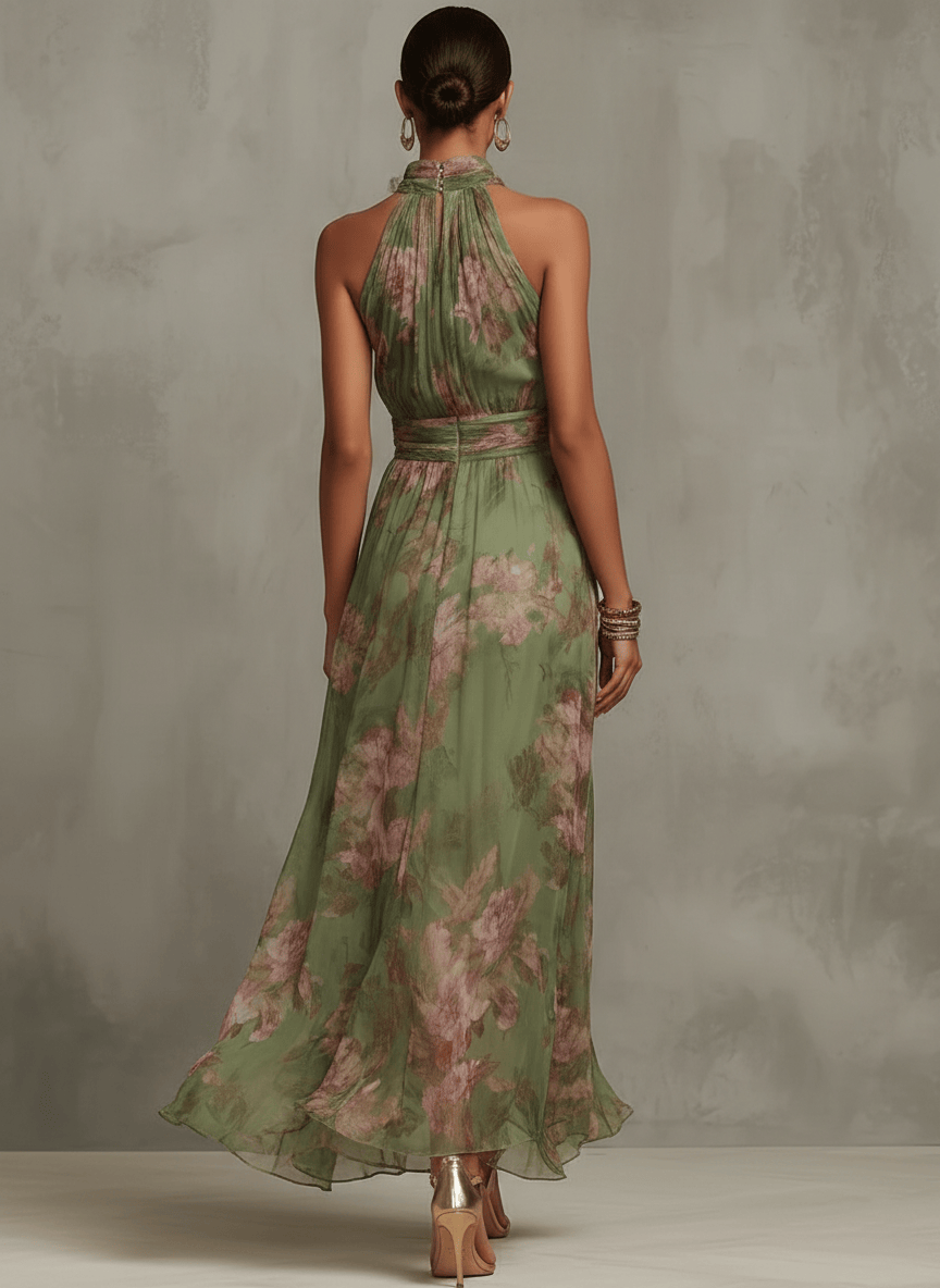 Green Floral Print Chiffon Halter Neck Maxi Dress