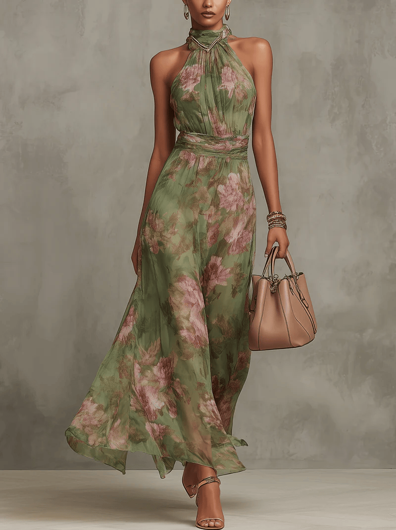 Green Floral Print Chiffon Halter Neck Maxi Dress