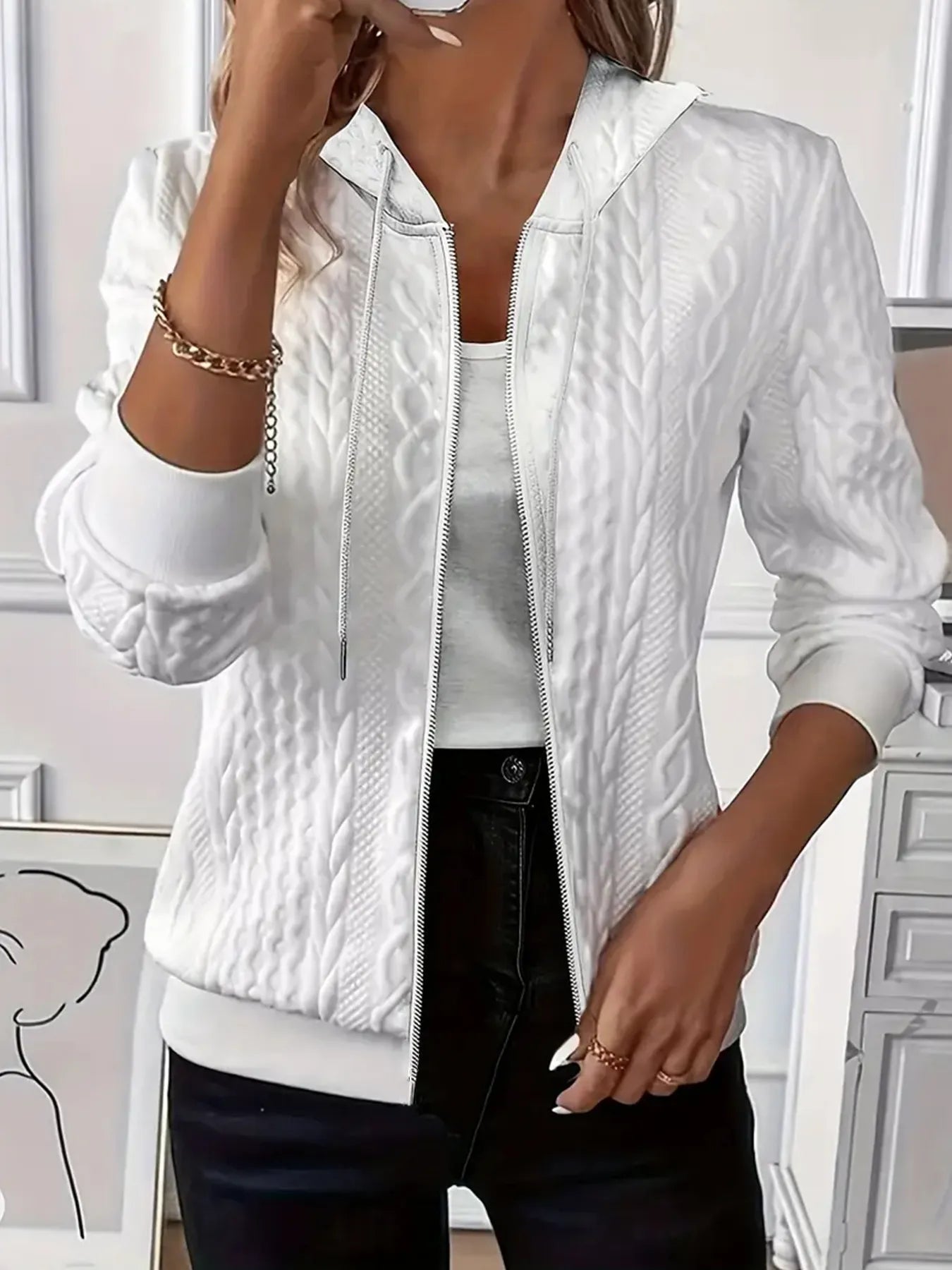 Vintage Jacquard Zip-Up Hooded Jacket