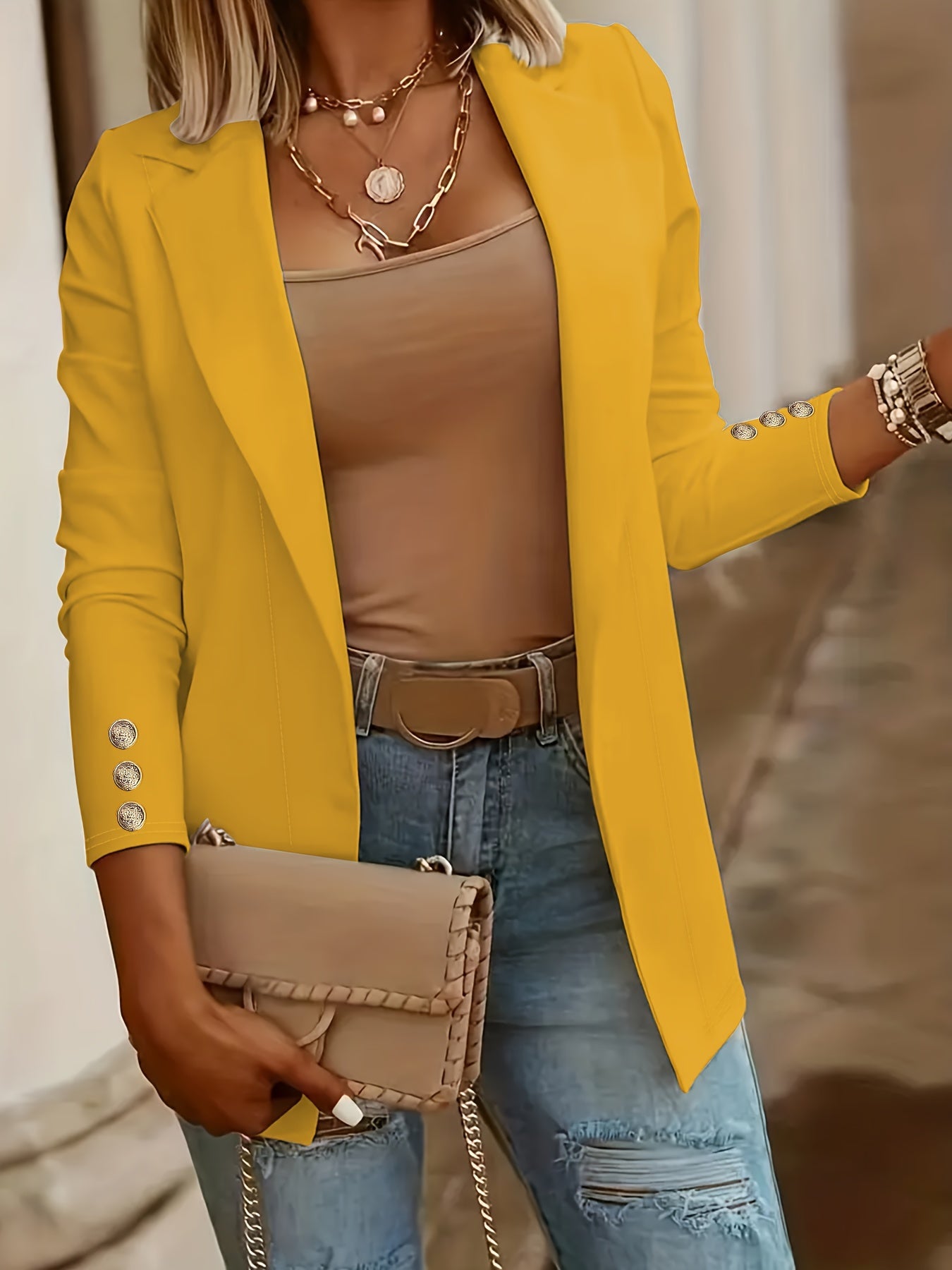 Mid-Length Lapel Coat with Decorative Button Cuffs