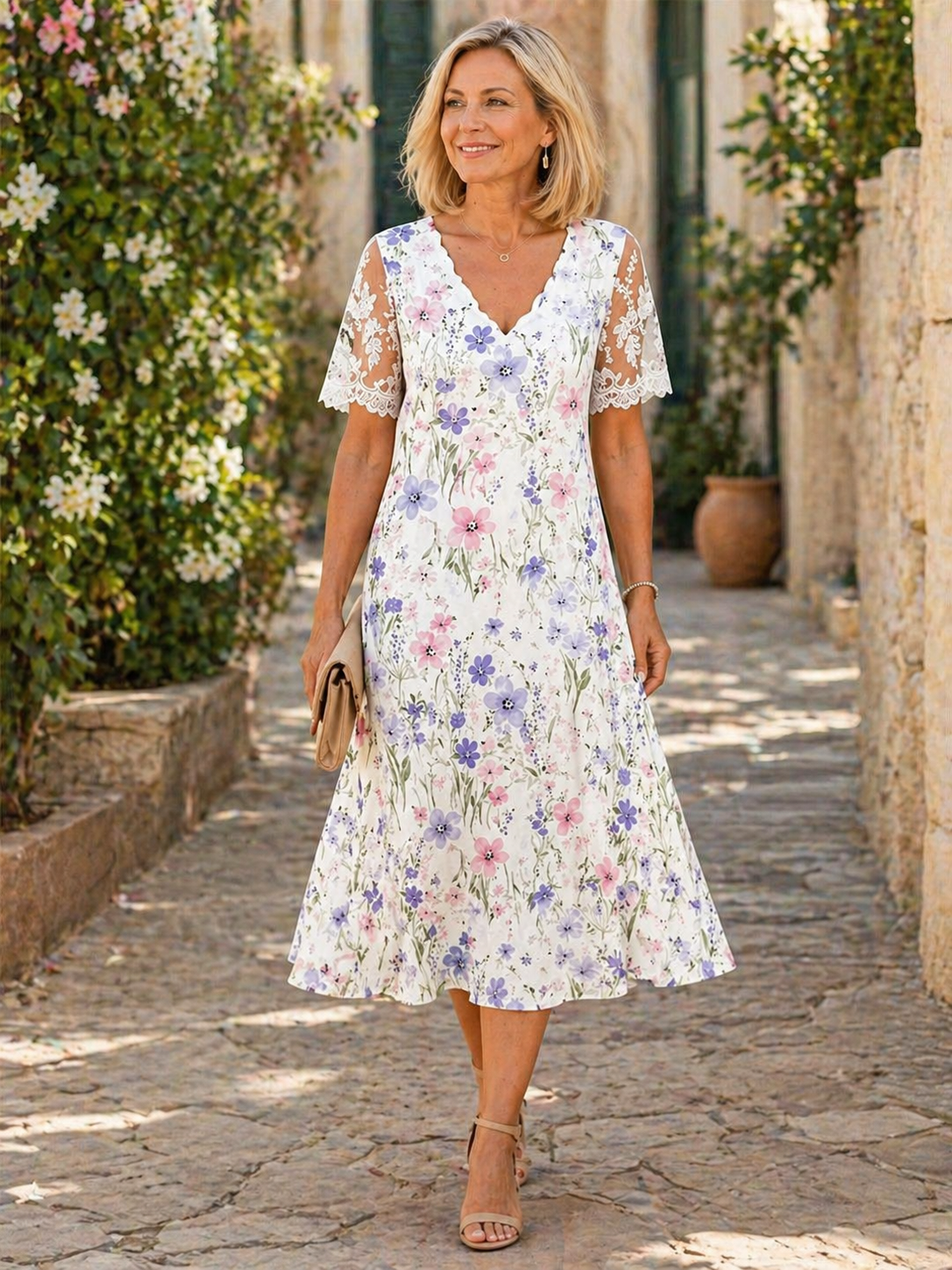 Edith | Lace Sleeve Floral Midi Dress