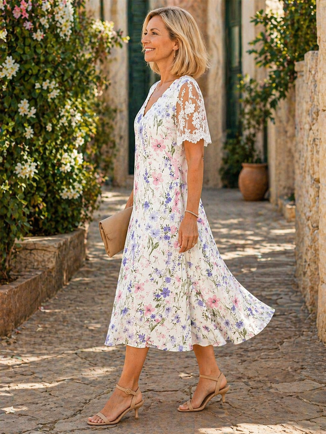 Edith | Lace Sleeve Floral Midi Dress