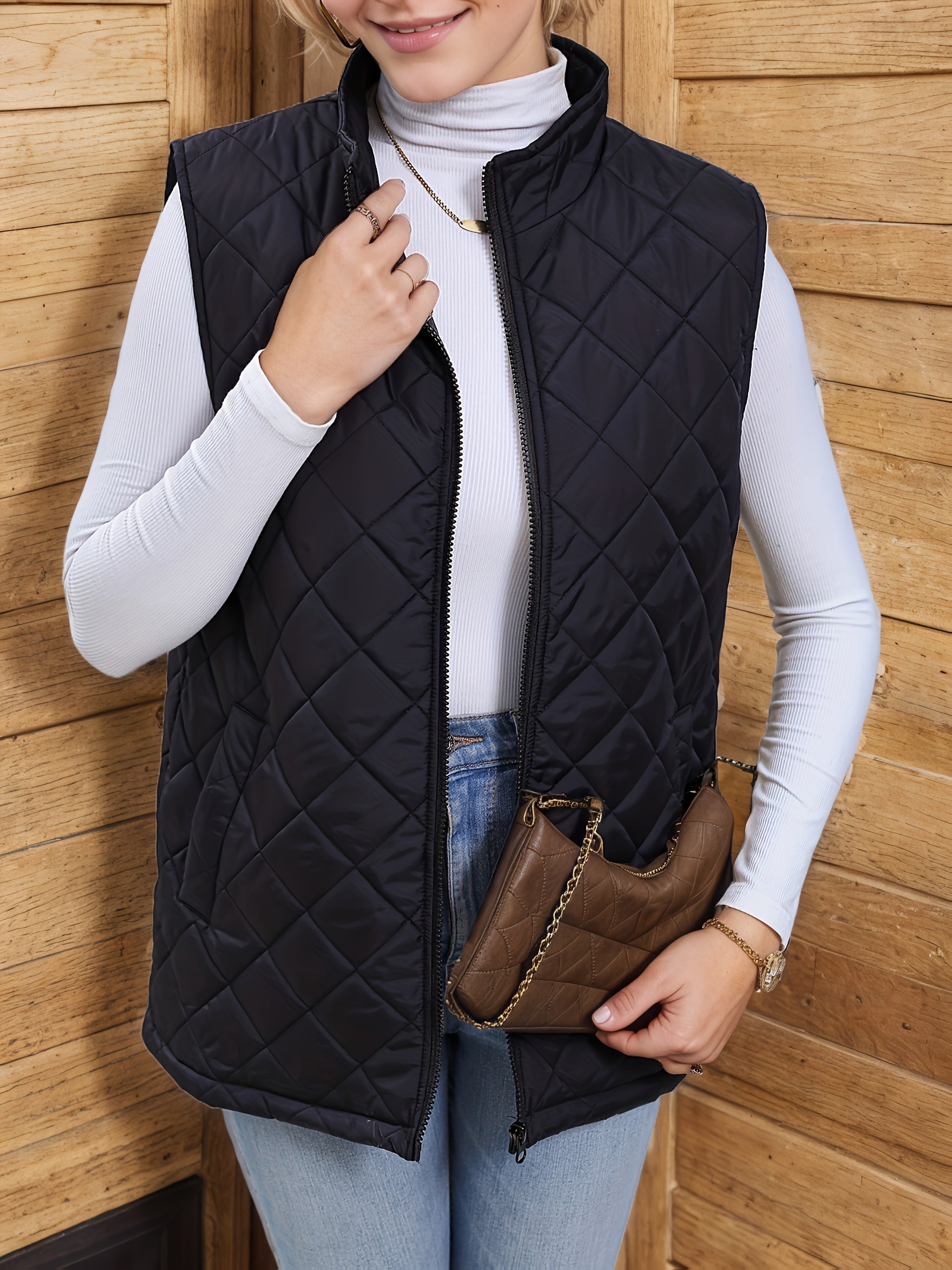 Diamond-Quilted Longline Sleeveless Jacket