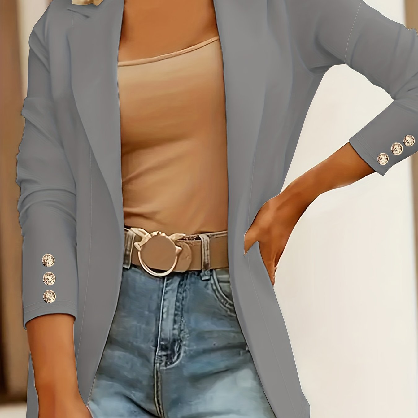 Mid-Length Lapel Coat with Decorative Button Cuffs