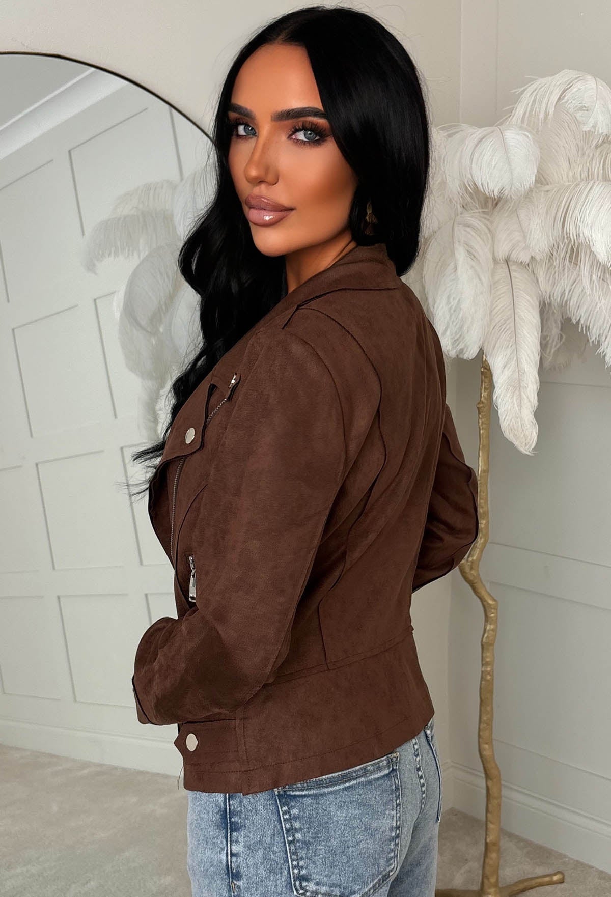 No Turning Back Chocolate Brown Lightweight Faux Suede Biker Jacket