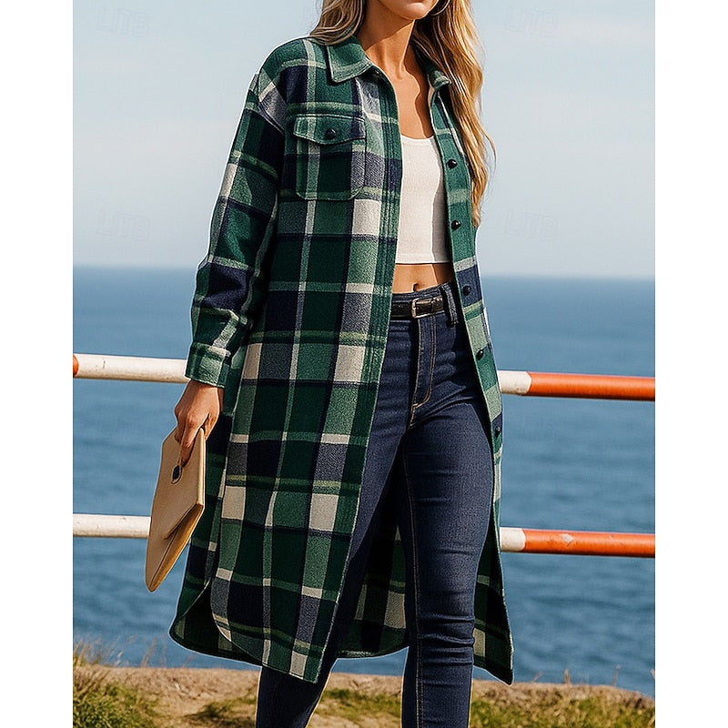 Longline Checked Coat with Relaxed Button-Front
