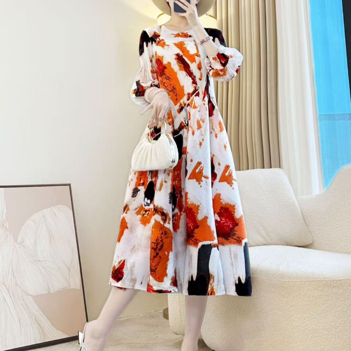 Elegant Printed Stretch Pleated Maxi Dress