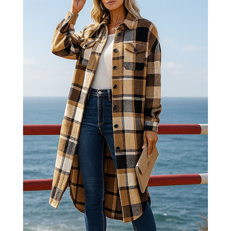 Longline Checked Coat with Relaxed Button-Front