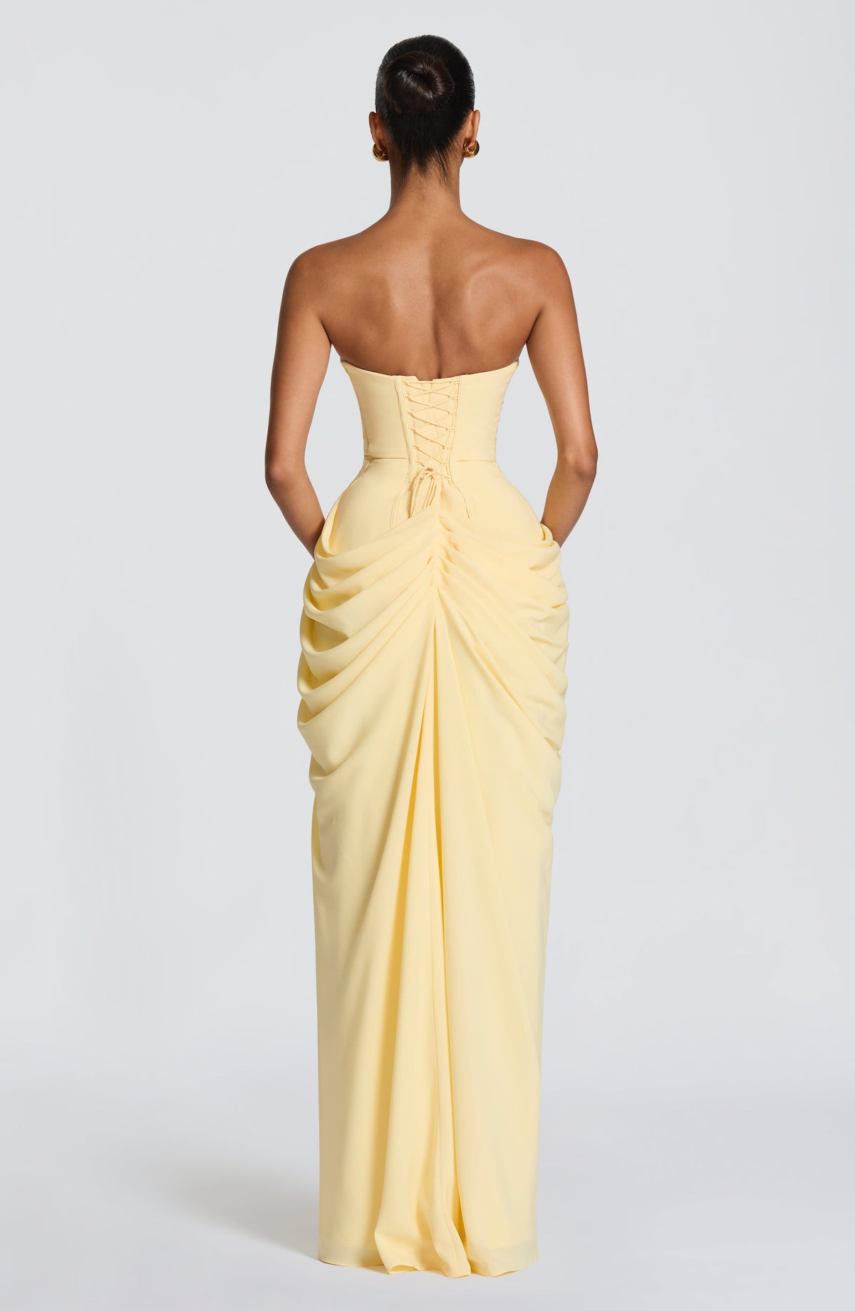 Women’s Strapless Corset Maxi Dress with Draped Split Skirt for Evening Wear