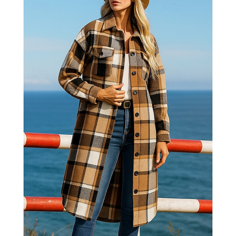 Longline Checked Coat with Relaxed Button-Front