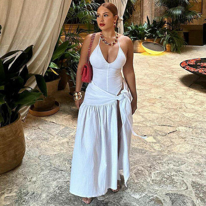 Backless Halter Bodysuit  High Slit Tie Waist Maxi Skirt Set