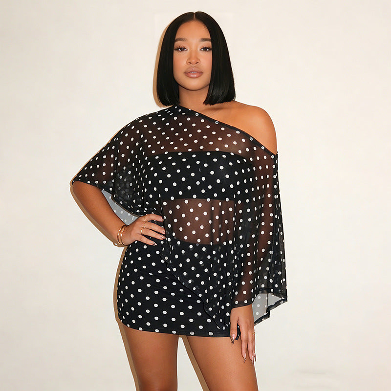 Printed Mesh Off  Shoulder Top Skirt Set