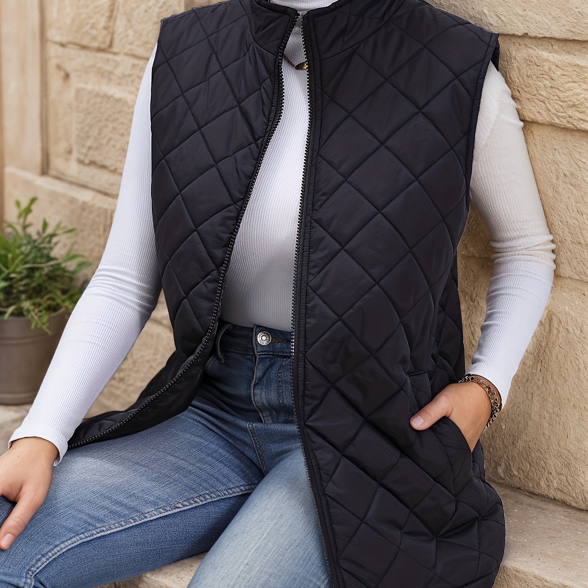 Diamond-Quilted Longline Sleeveless Jacket
