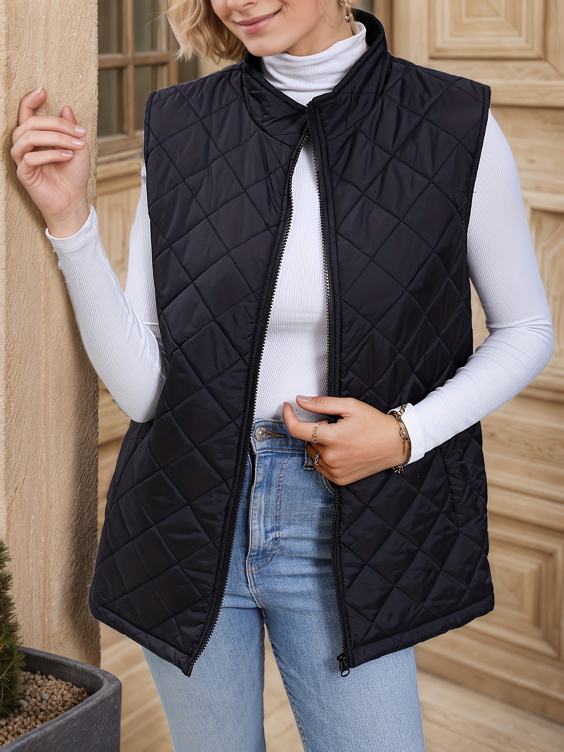 Diamond-Quilted Longline Sleeveless Jacket
