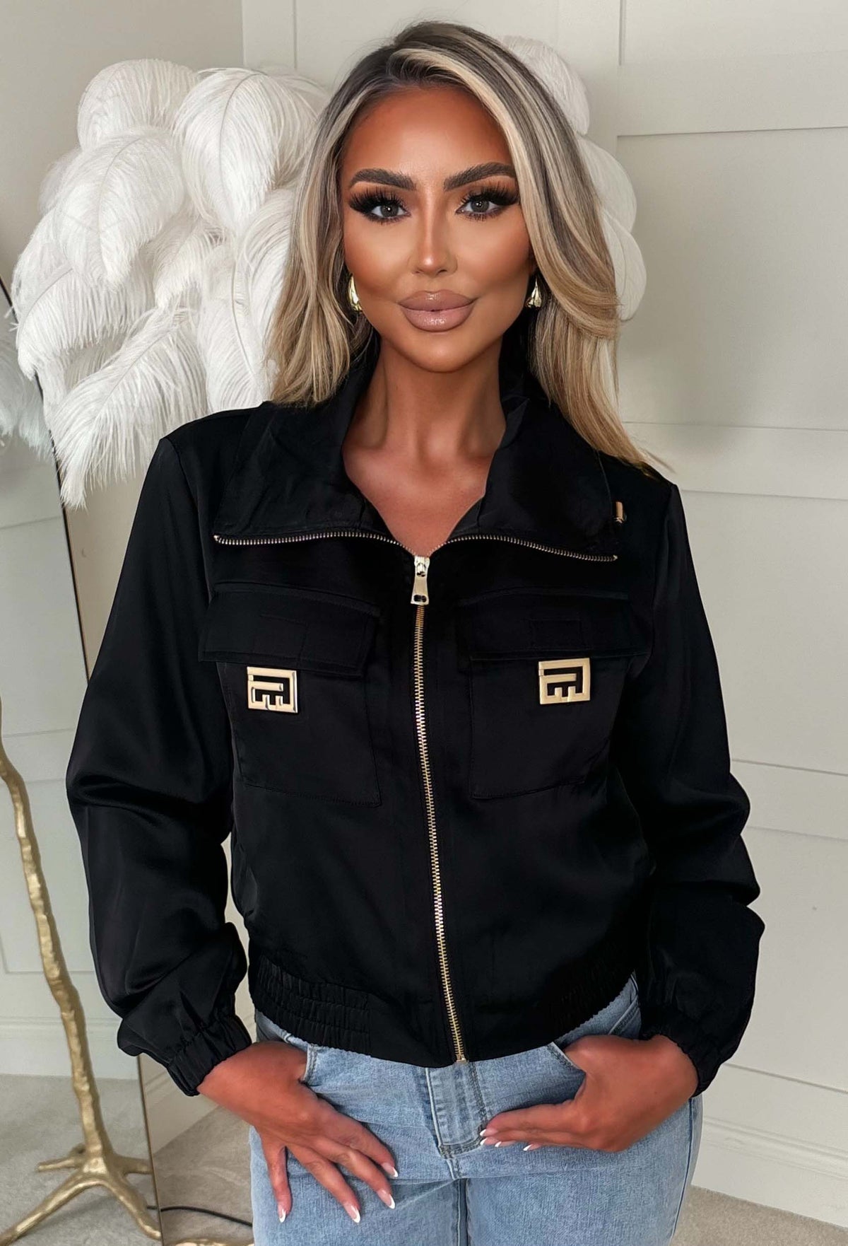 Zyla Black Satin Hardware Jacket