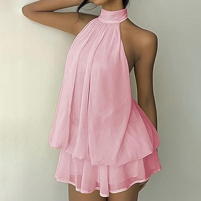 Backless halter-neck layered ruffle dress