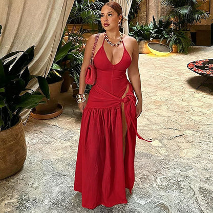 Backless Halter Bodysuit  High Slit Tie Waist Maxi Skirt Set