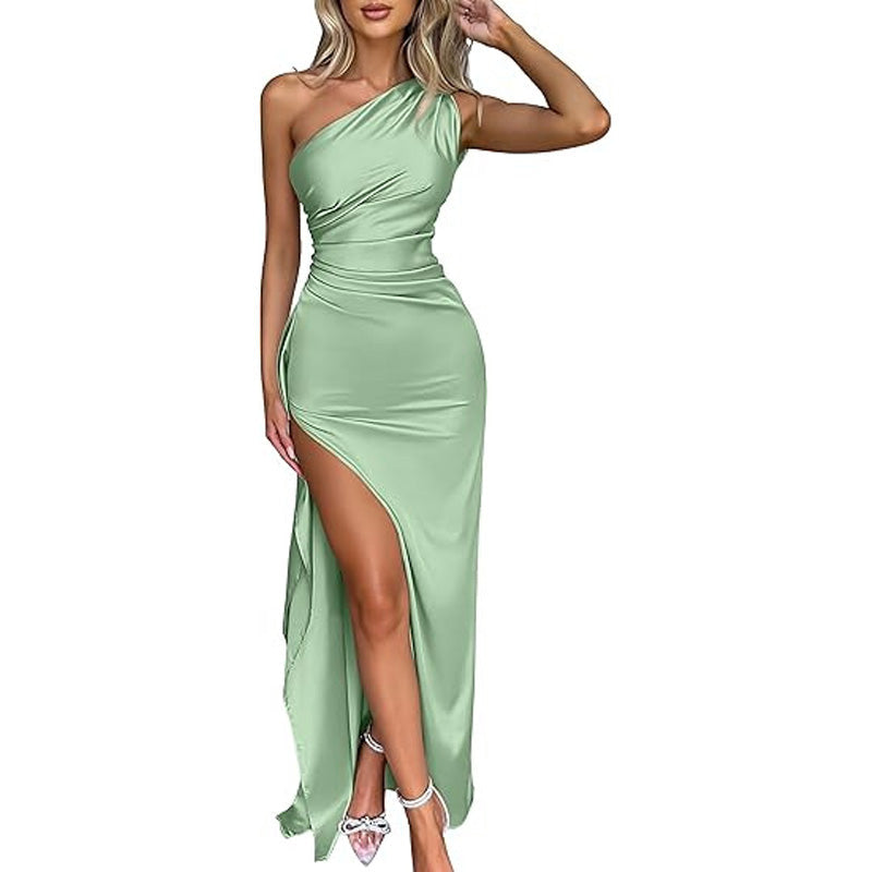 One-shoulder draped side-slit dress