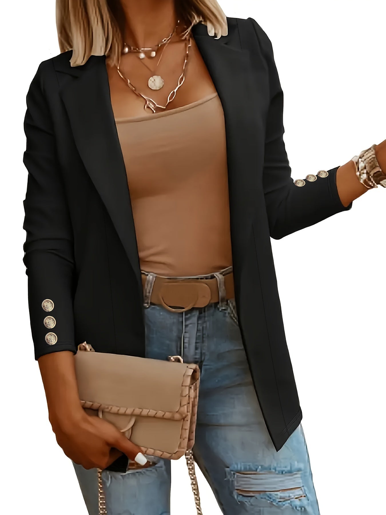 Mid-Length Lapel Coat with Decorative Button Cuffs