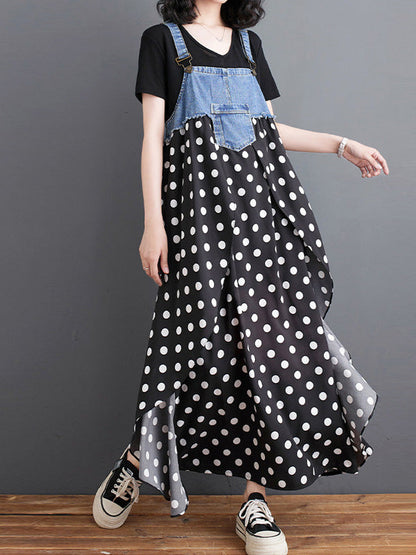 Denim Patchwork Watercolor Maxi Overall Dress