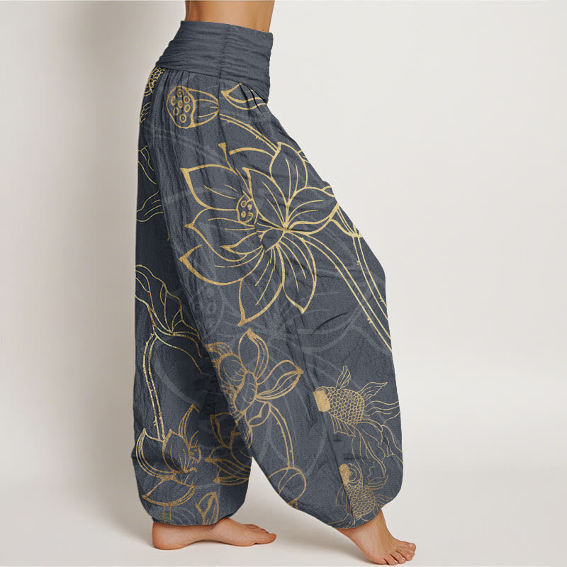 Lotus Print Pure Cotton Harem Trousers