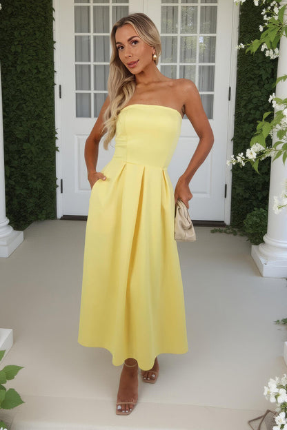 Soft Yellow Bandeau A-Line Skirt Midi Dress