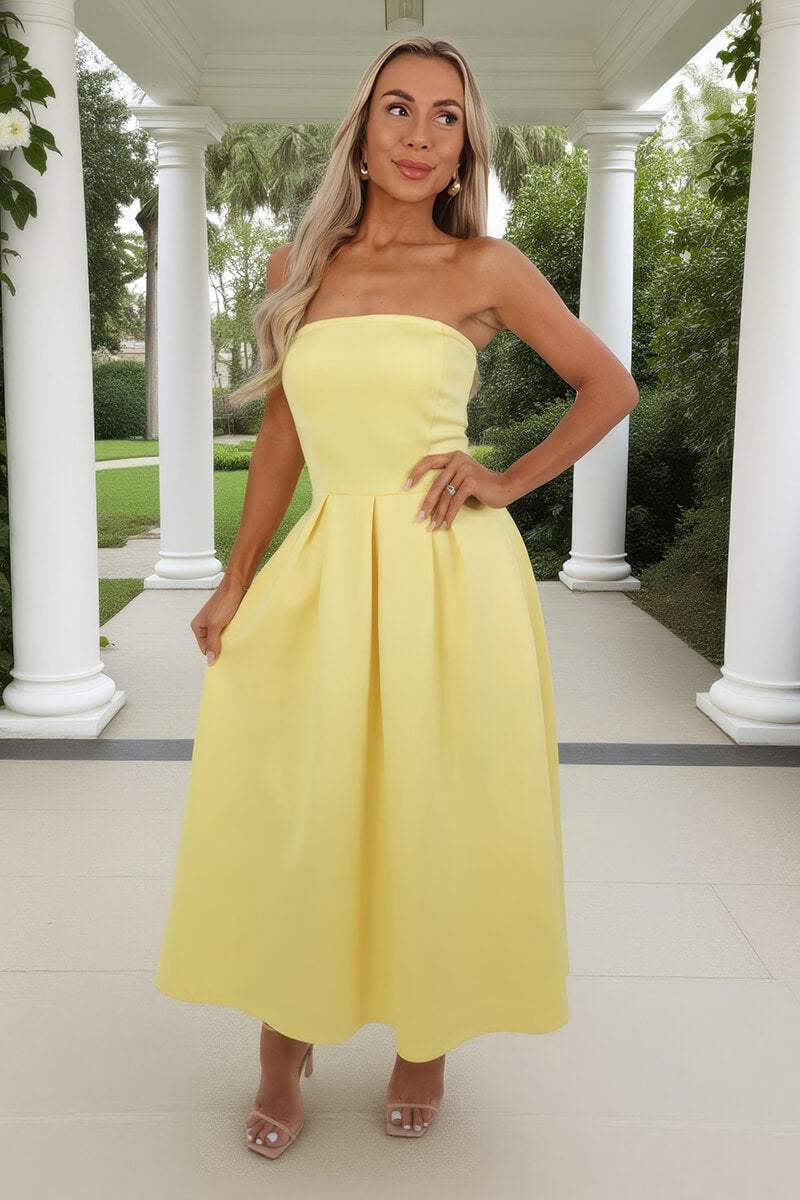 Soft Yellow Bandeau A-Line Skirt Midi Dress