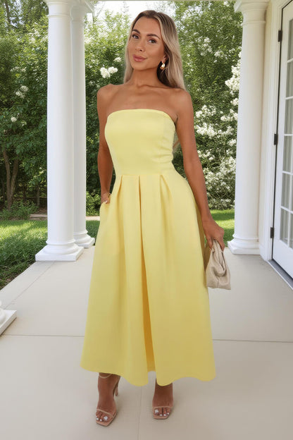 Soft Yellow Bandeau A-Line Skirt Midi Dress