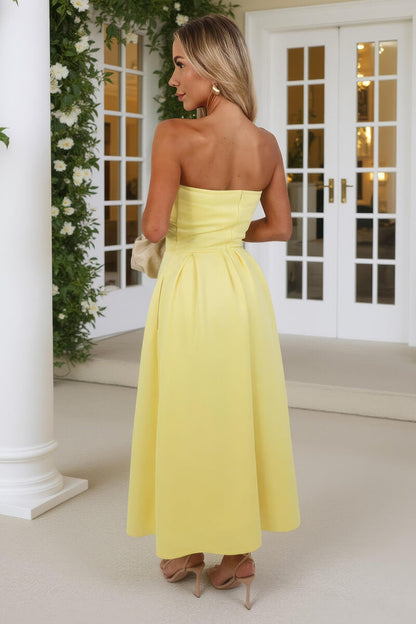 Soft Yellow Bandeau A-Line Skirt Midi Dress