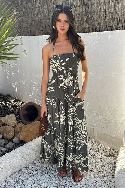 Khaki Abstract Floral Print Tie Neck Smock Midi Dress
