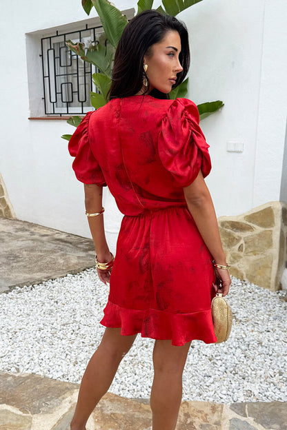 Red Smudge Print Puff Sleeve Frill Hem Mini Dress
