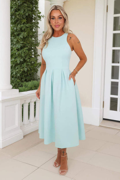 Mint Racer Neck Pleated Skirt Midi Dress