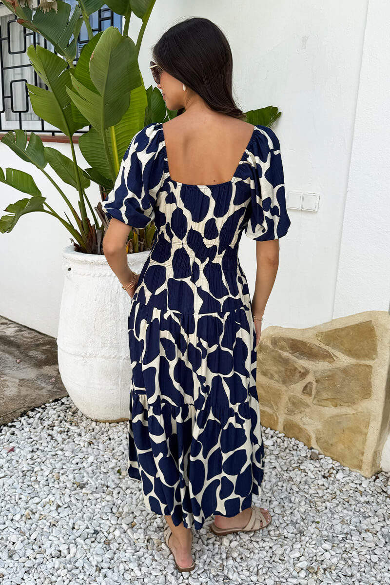 Navy and Cream Abstract Print Puff Sleeve Smock Midi Dress