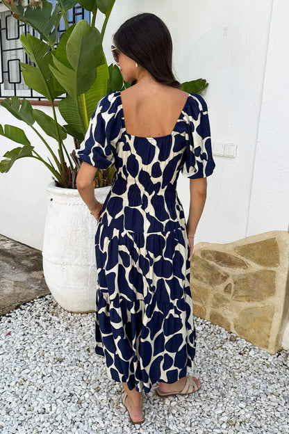 Navy and Cream Abstract Print Puff Sleeve Smock Midi Dress