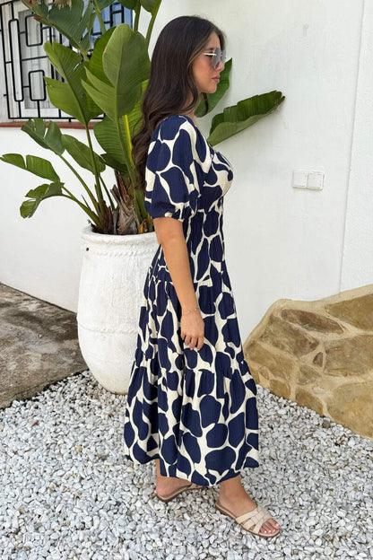 Navy and Cream Abstract Print Puff Sleeve Smock Midi Dress
