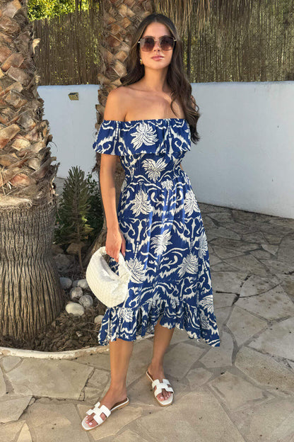 Blue Palm Tree Print Bardot Frill Hem Midi Dress